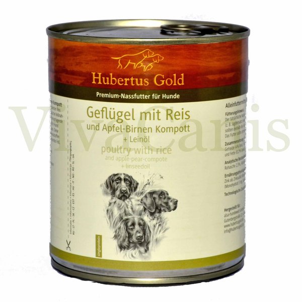 Hubertus Gold ® Premium Dosenmenü Geflügel mit Reis und Apfel-Birnen Kompott